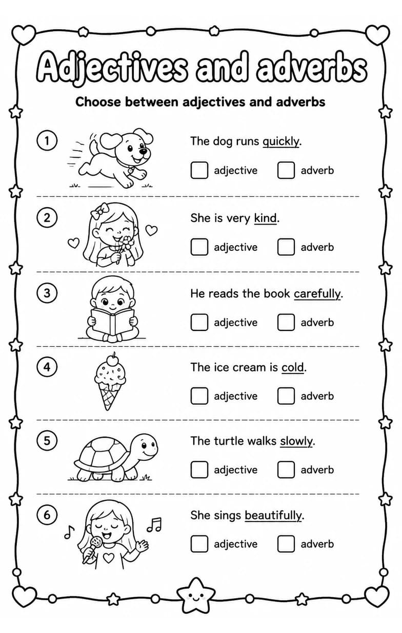 Choose between adjectives and adverbs — free printable Grade 2 English & Reading worksheet
