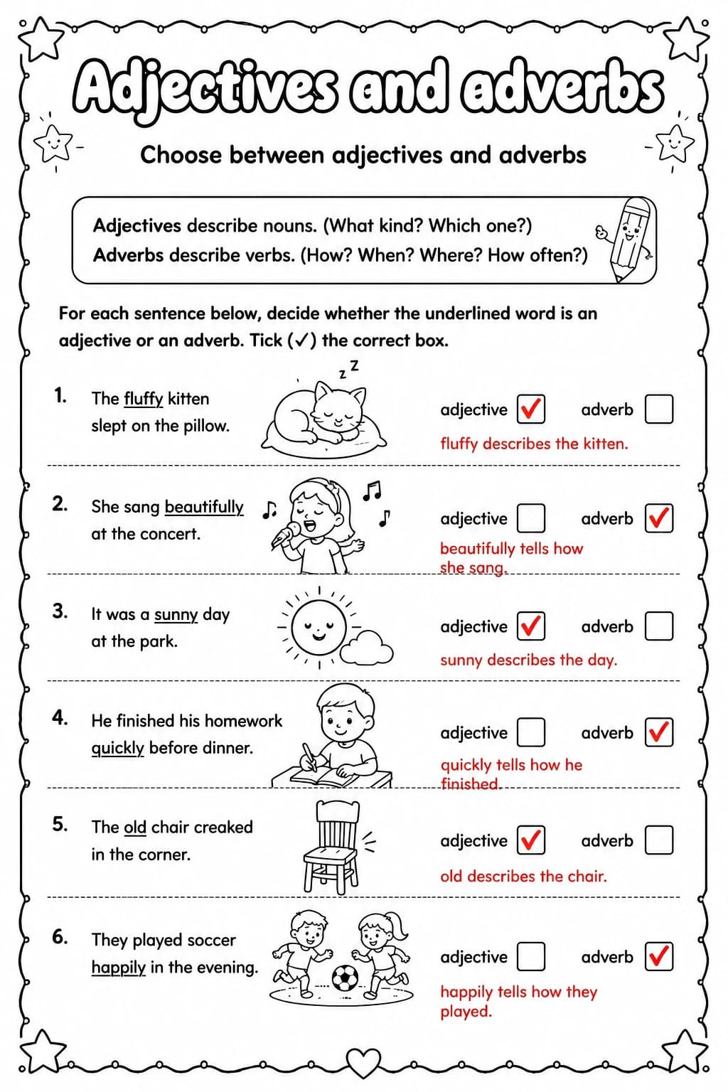 Answer key for Choose between adjectives and adverbs — free printable English & Reading worksheet