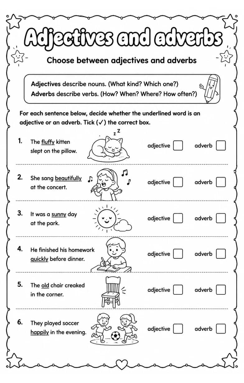 Choose between adjectives and adverbs — free printable Grammar and mechanics English worksheet