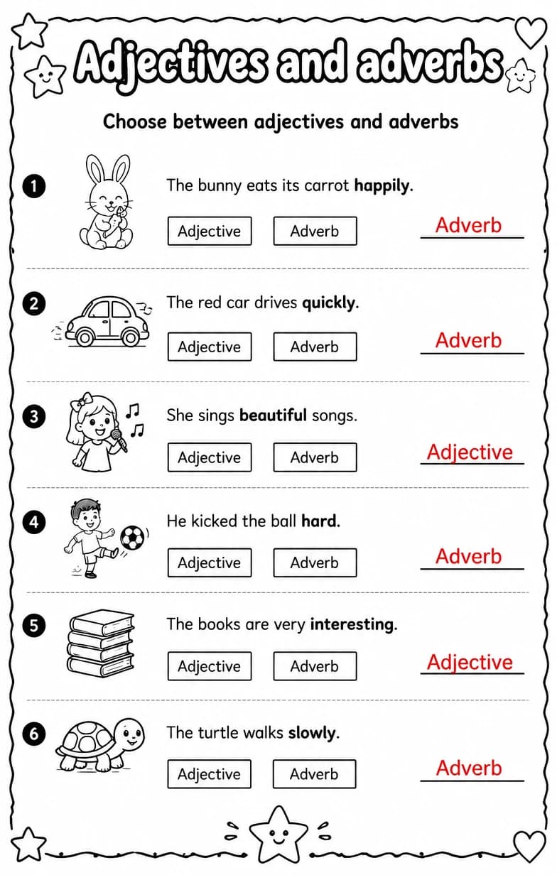 Answer key for Choose between adjectives and adverbs — free printable English & Reading worksheet