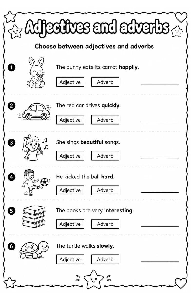 Choose between adjectives and adverbs — free printable Grammar and mechanics English worksheet