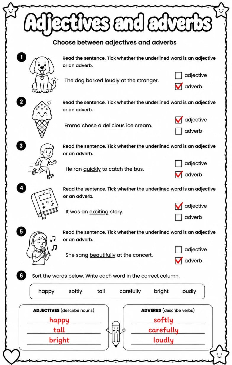 Answer key for Choose between adjectives and adverbs — free printable English & Reading worksheet