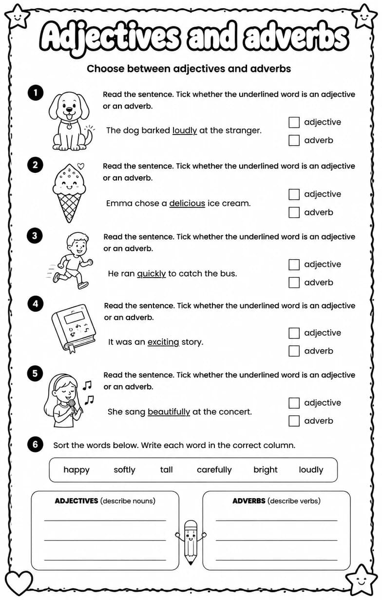Choose between adjectives and adverbs — free printable Grade 5 English & Reading worksheet
