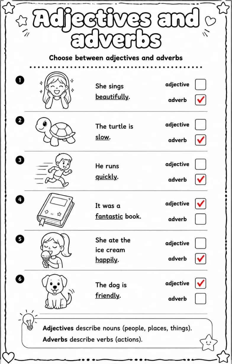 Answer key for Choose between adjectives and adverbs — free printable English & Reading worksheet