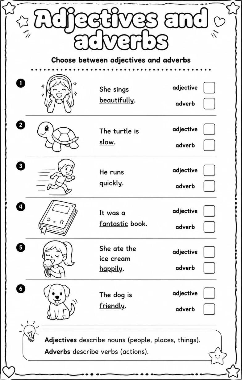 Choose between adjectives and adverbs — free printable Grammar and mechanics English worksheet