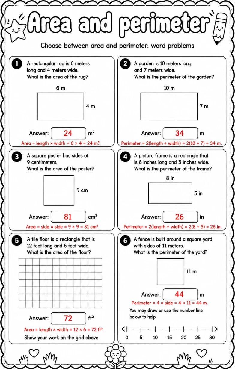 Answer key for Choose between area and perimeter: word problems — free printable Math worksheet