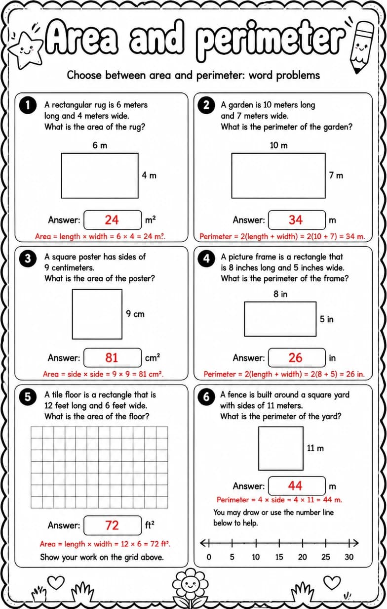 Answer key for Choose between area and perimeter: word problems — free printable Math worksheet