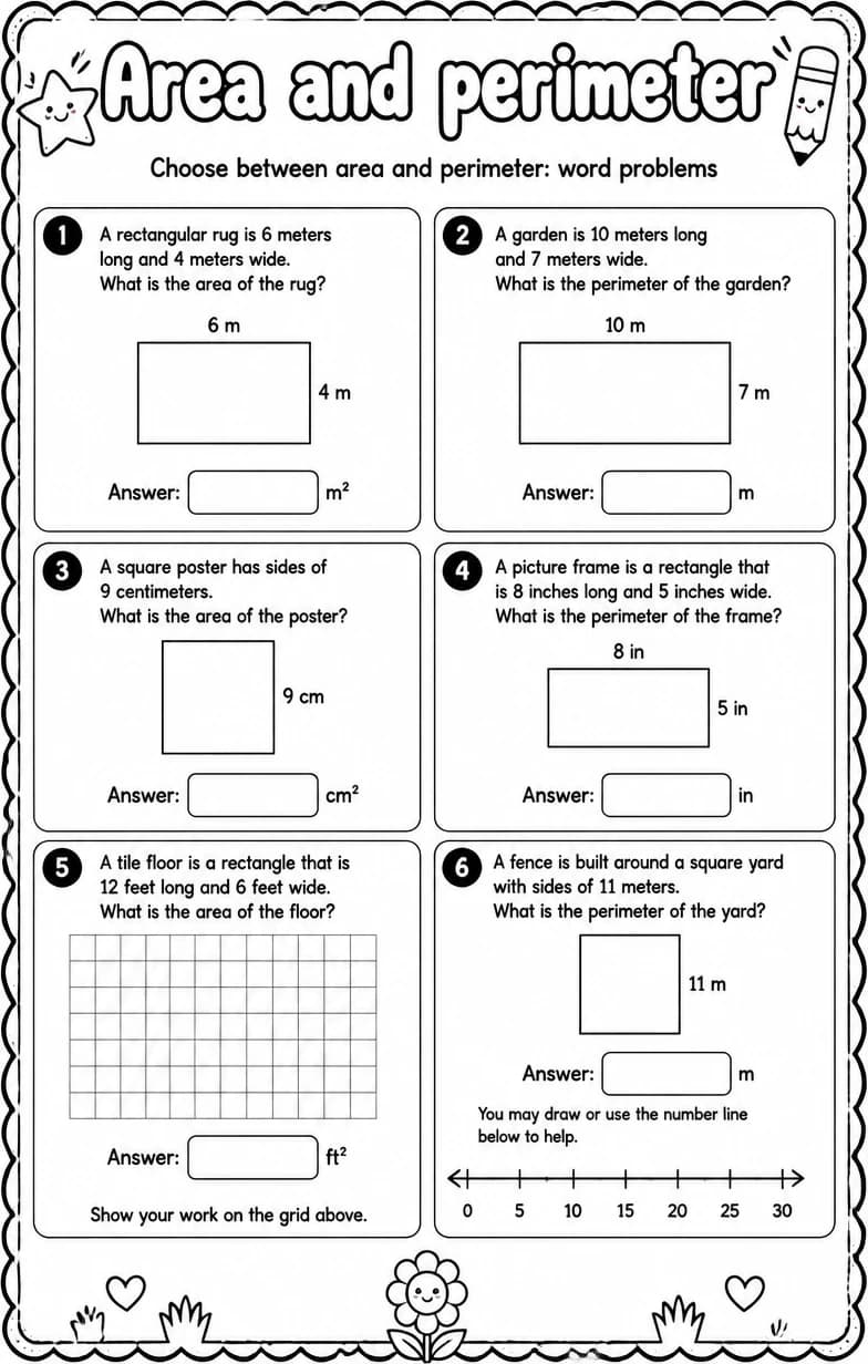 Choose between area and perimeter: word problems — free printable Grade 3 math worksheet