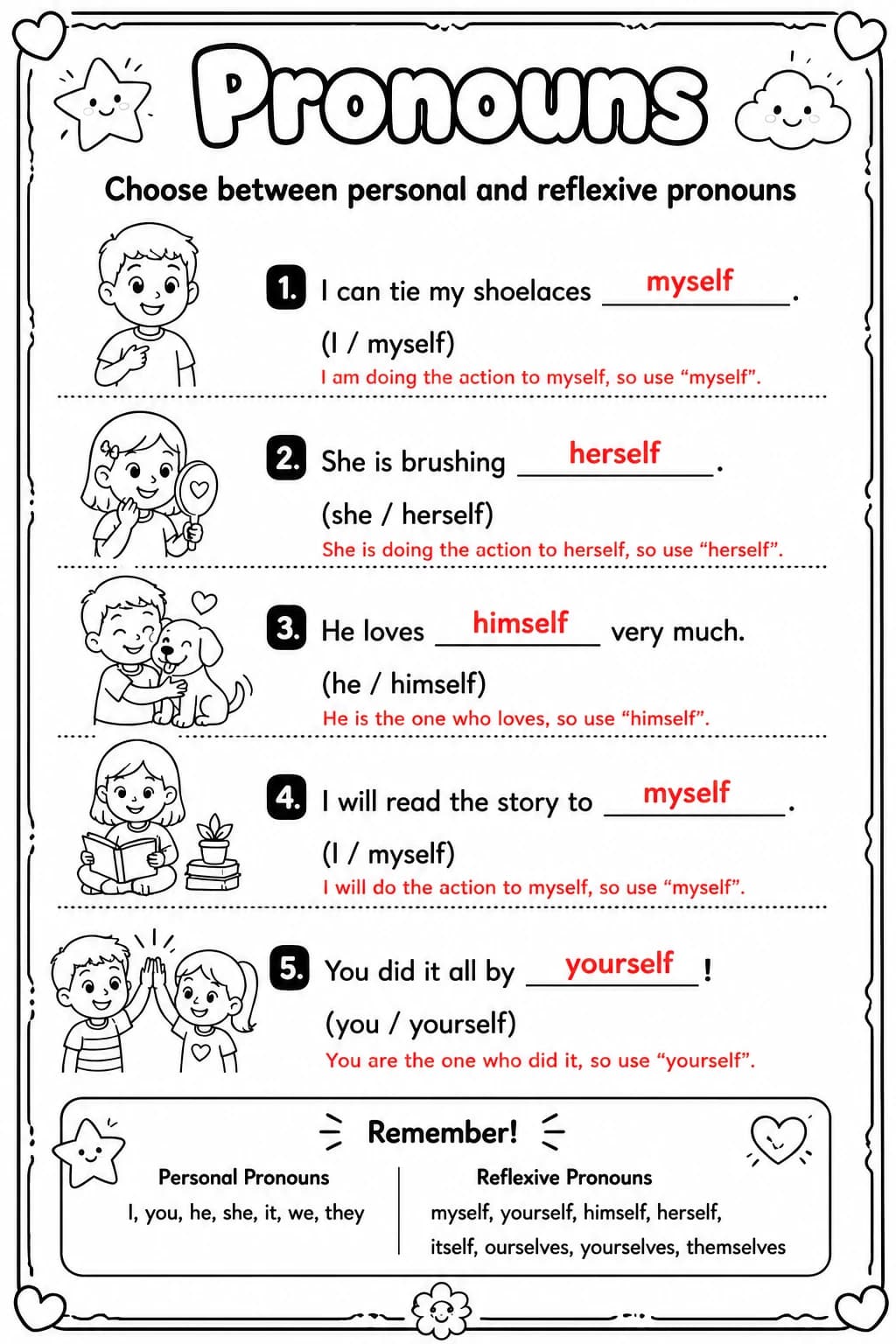 Answer key for Choose between personal and reflexive pronouns — free printable English & Reading worksheet