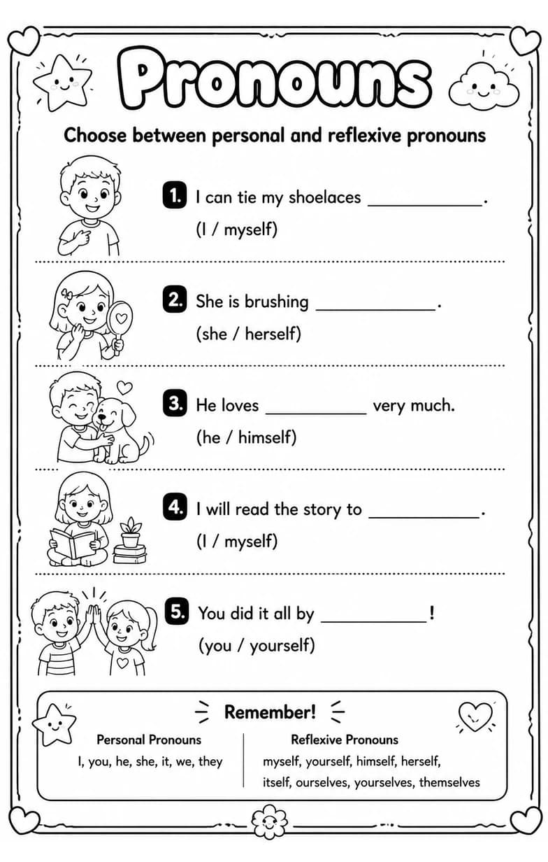 Choose between personal and reflexive pronouns — free printable Grade 2 English & Reading worksheet