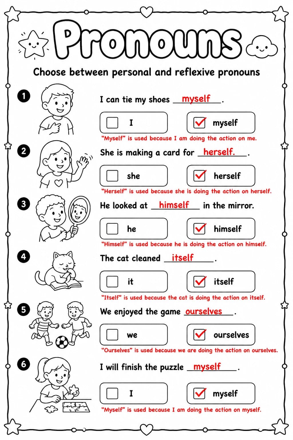 Answer key for Choose between personal and reflexive pronouns — free printable English & Reading worksheet