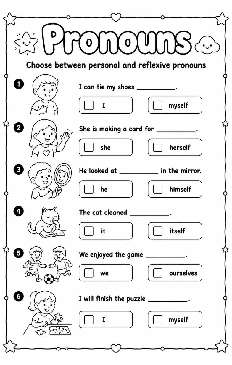Choose between personal and reflexive pronouns — free printable Grade 3 English & Reading worksheet