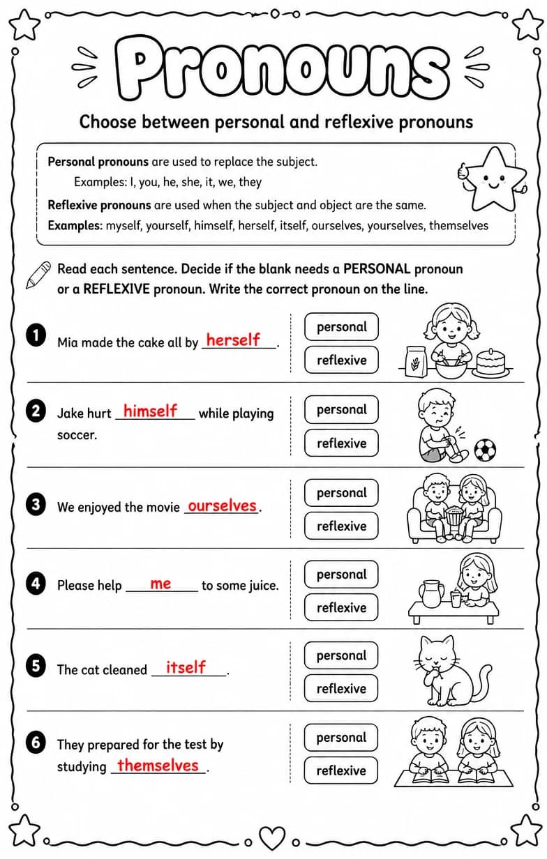 Answer key for Choose between personal and reflexive pronouns — free printable English & Reading worksheet