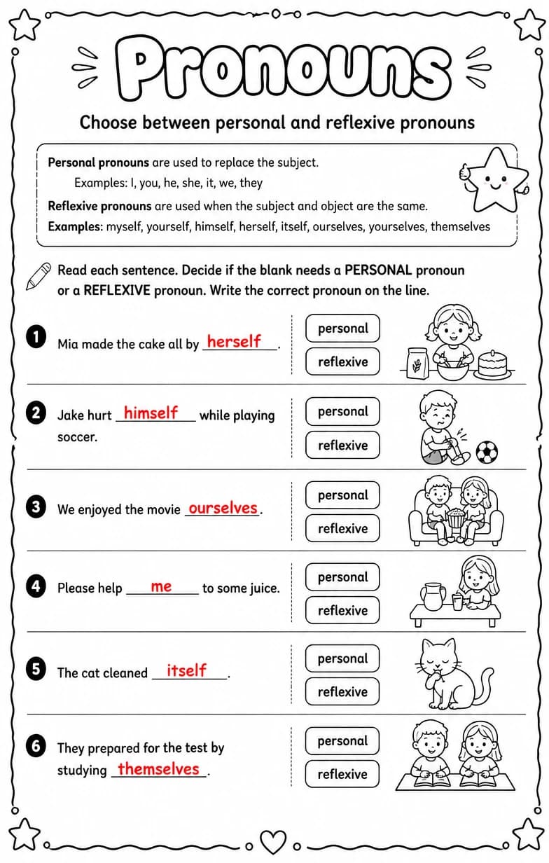 Answer key for Choose between personal and reflexive pronouns — free printable English & Reading worksheet