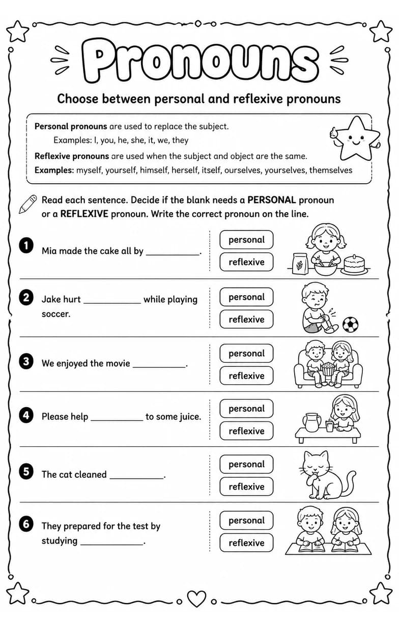 Choose between personal and reflexive pronouns — free printable Grammar and mechanics English worksheet