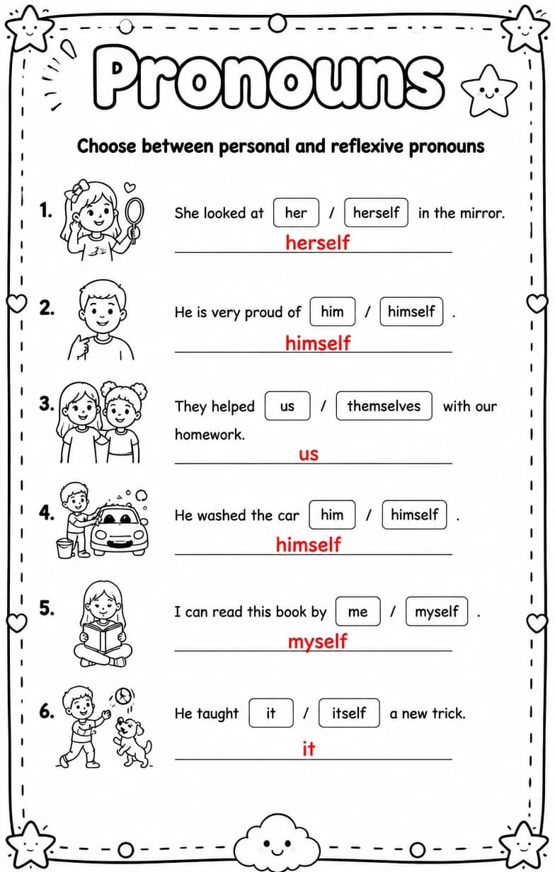 Answer key for Choose between personal and reflexive pronouns — free printable English & Reading worksheet