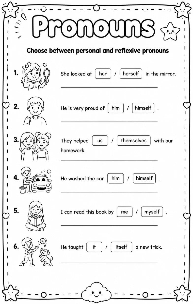Choose between personal and reflexive pronouns — free printable Grammar and mechanics English worksheet