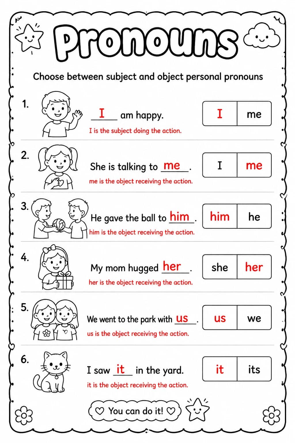 Answer key for Choose between subject and object personal pronouns — free printable English & Reading worksheet