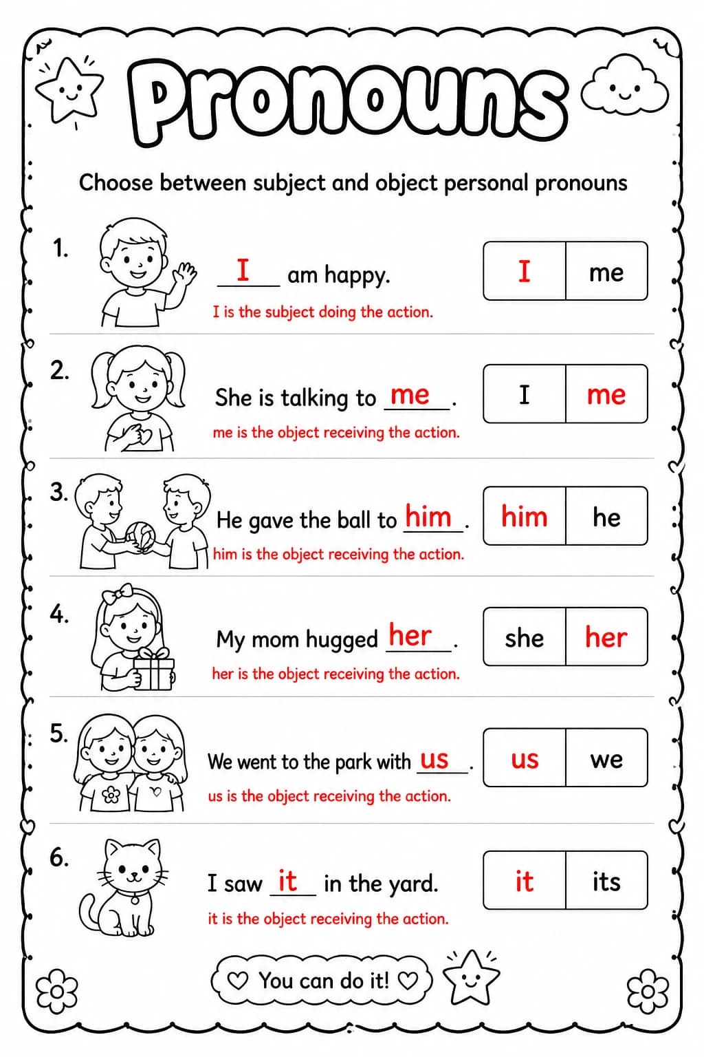 Answer key for Choose between subject and object personal pronouns — free printable English & Reading worksheet