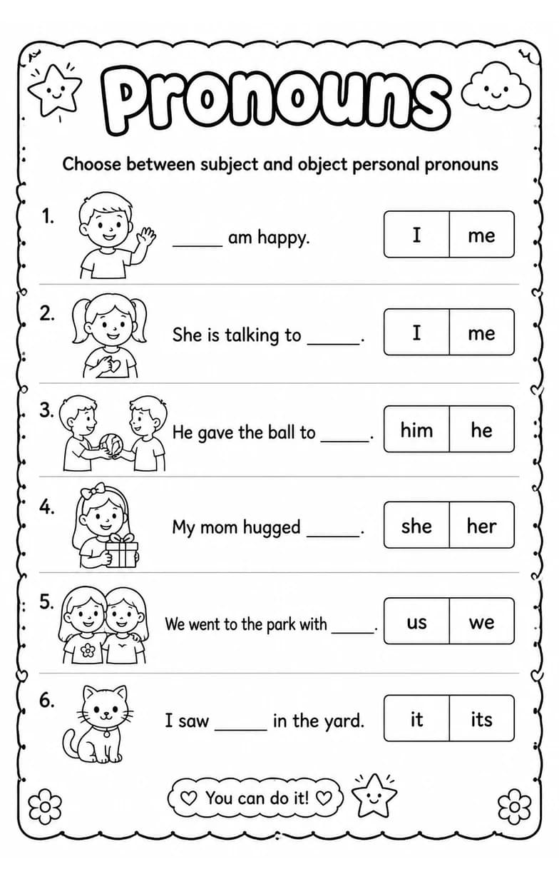 Choose between subject and object personal pronouns — free printable Grammar and mechanics English worksheet
