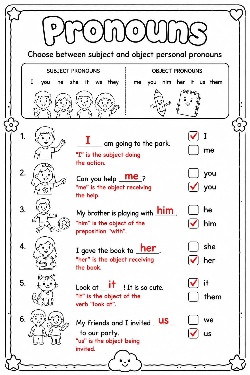 Answer key for Choose between subject and object personal pronouns — free printable English & Reading worksheet