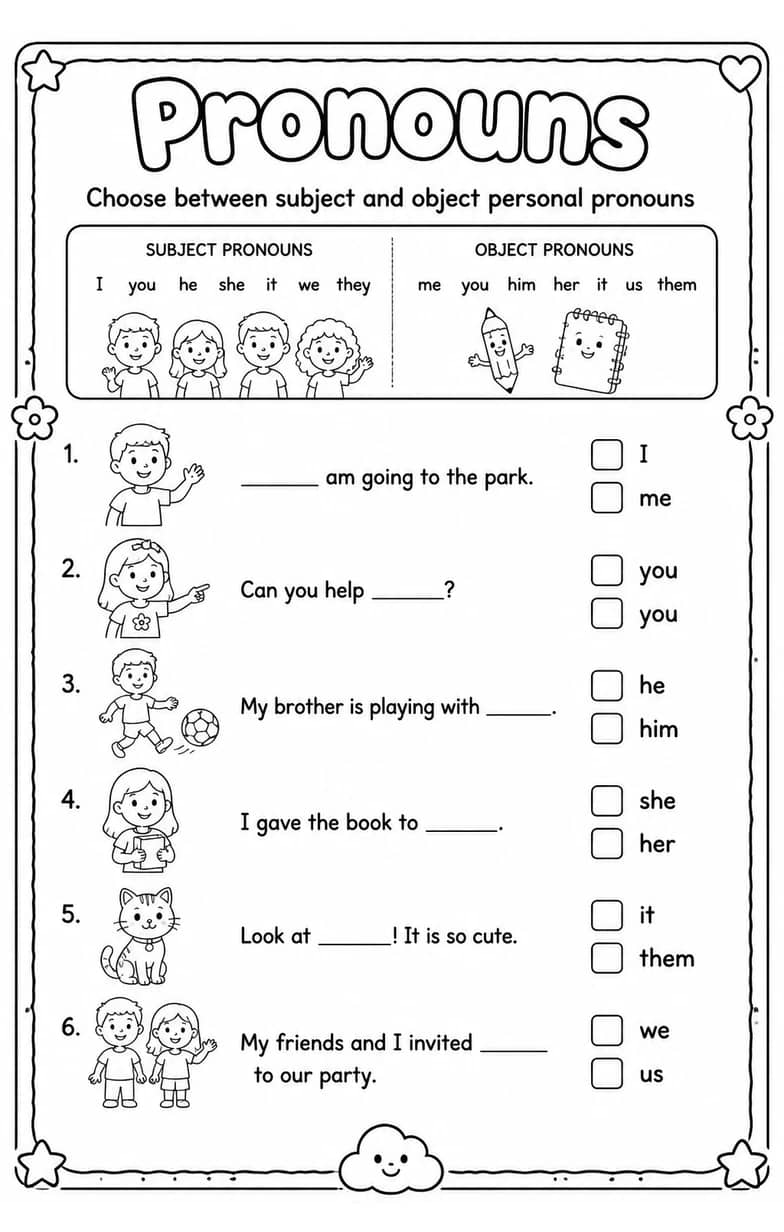 Choose between subject and object personal pronouns — free printable Grammar and mechanics English worksheet