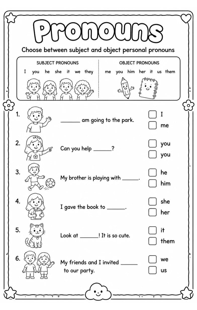 Choose between subject and object personal pronouns — free printable Grammar and mechanics English worksheet