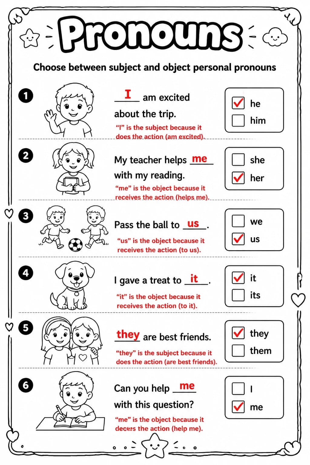 Answer key for Choose between subject and object personal pronouns — free printable English & Reading worksheet