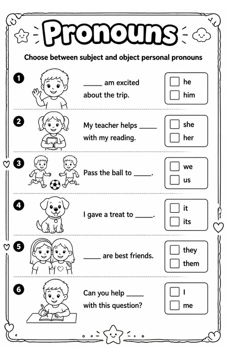 Choose between subject and object personal pronouns — free printable Grammar and mechanics English worksheet