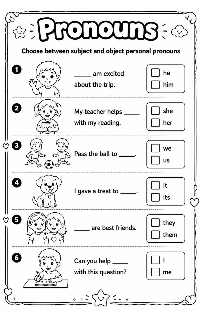 Choose between subject and object personal pronouns — free printable Grade 3 English & Reading worksheet
