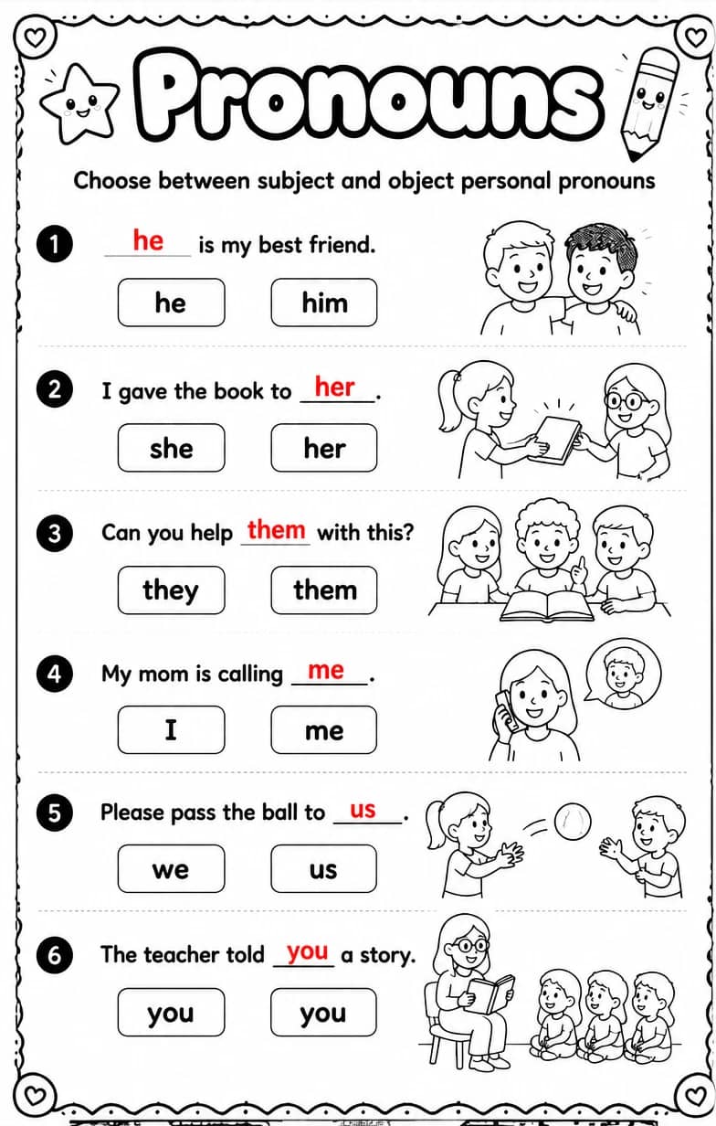 Answer key for Choose between subject and object personal pronouns — free printable English & Reading worksheet