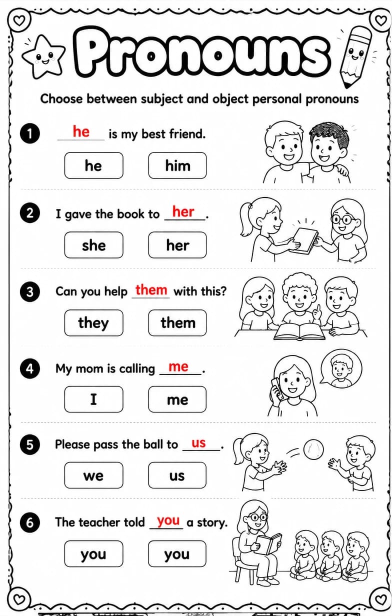 Answer key for Choose between subject and object personal pronouns — free printable English & Reading worksheet