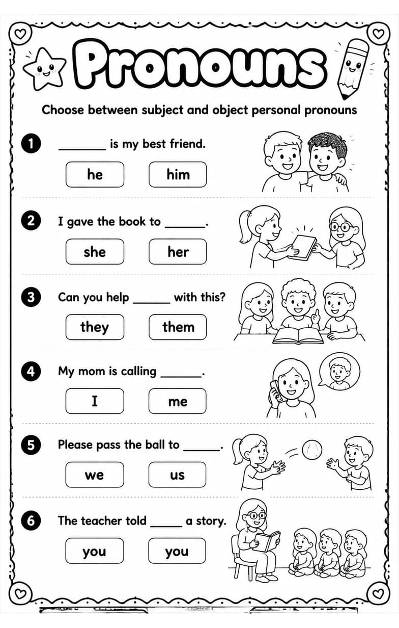 Choose between subject and object personal pronouns — free printable Grammar and mechanics English worksheet