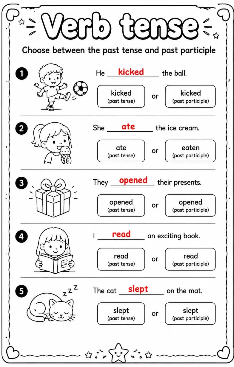 Answer key for Choose between the past tense and past participle — free printable English & Reading worksheet