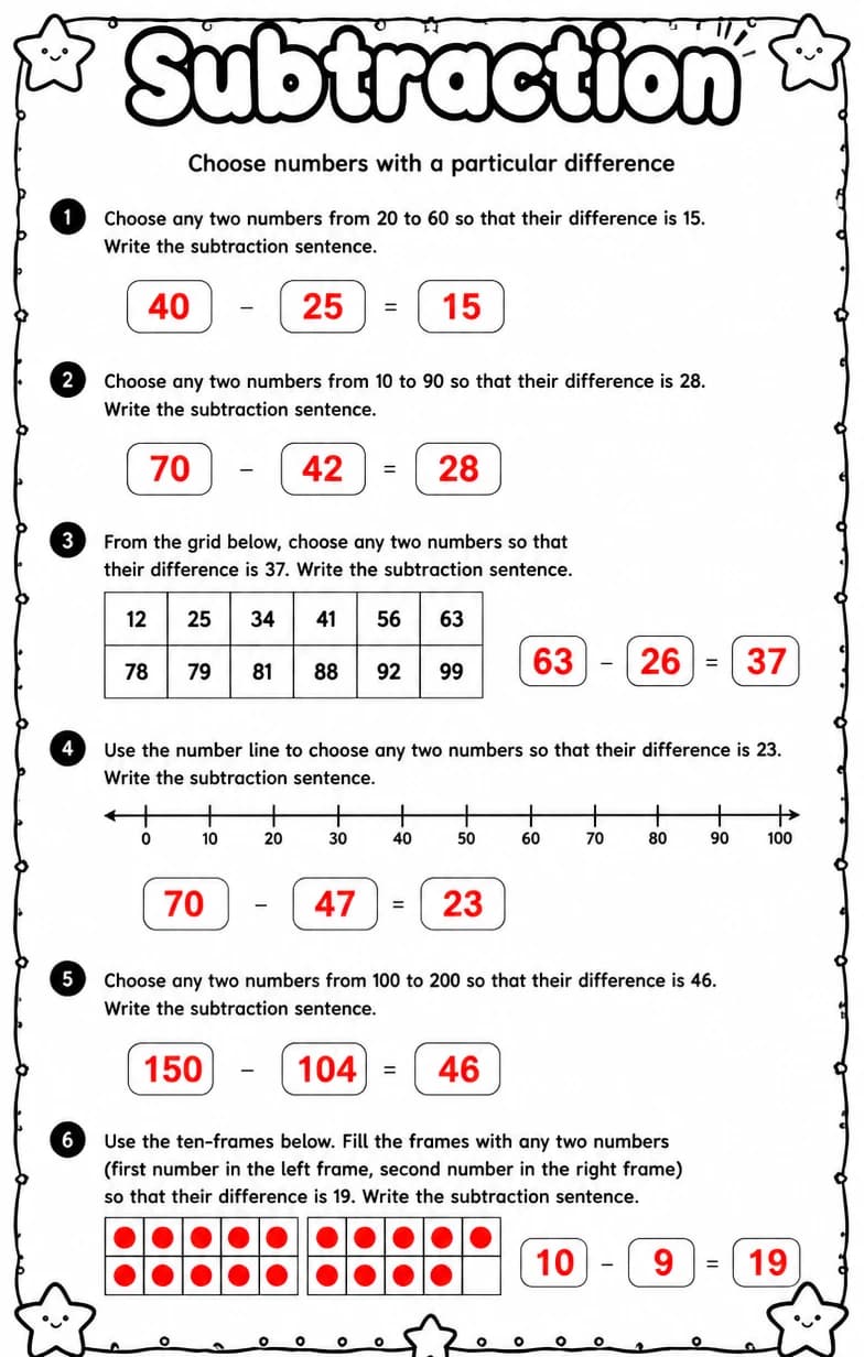 Answer key for Choose numbers with a particular difference — free printable Math worksheet