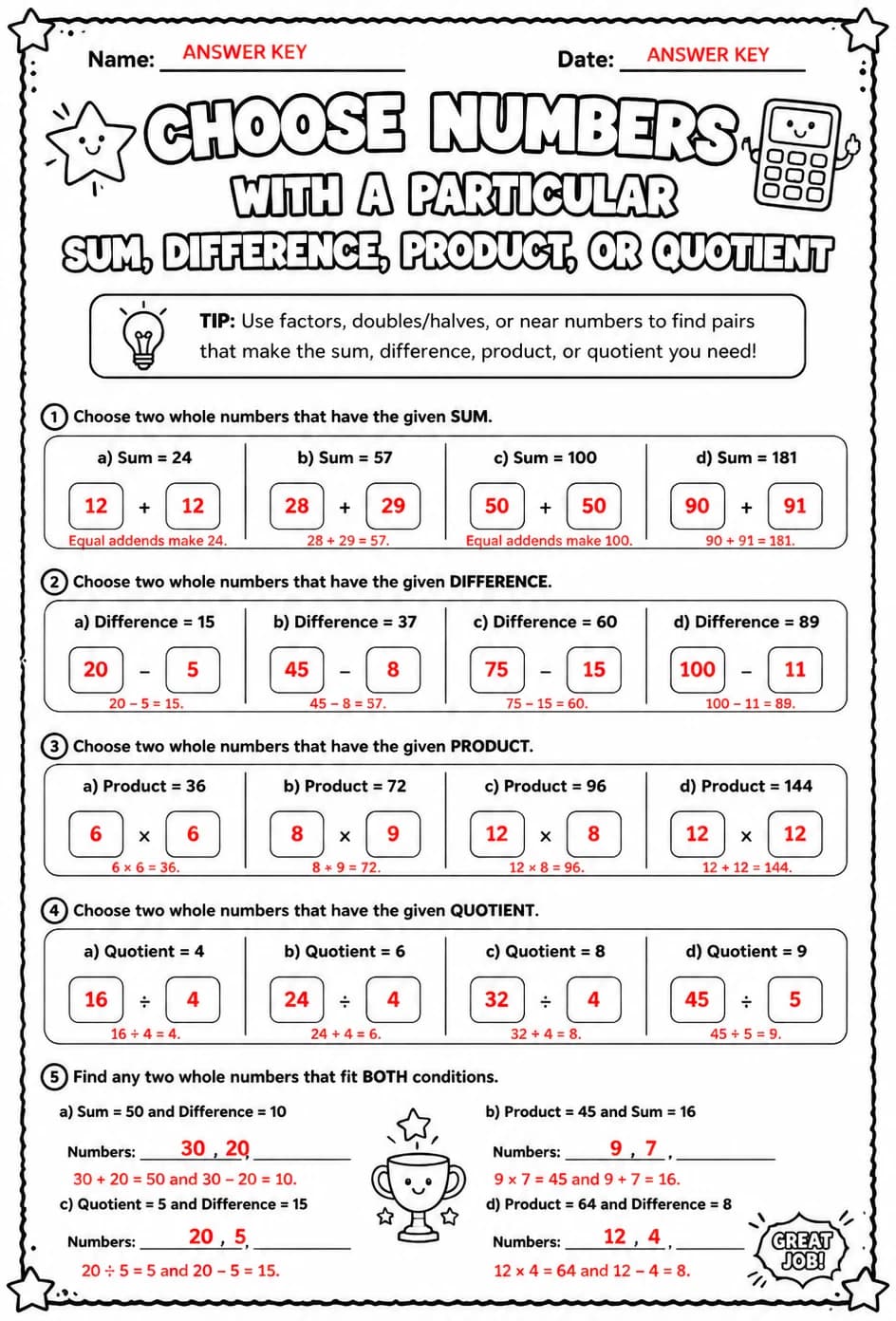 Answer key for Choose numbers with a particular sum, difference, product, or quotient — free printable Math worksheet