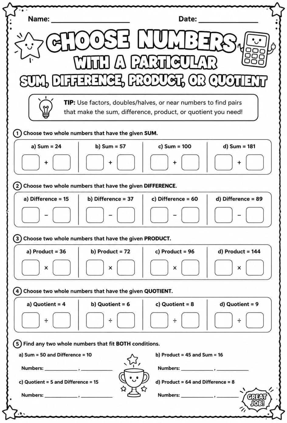 Choose numbers with a particular sum, difference, product, or quotient — free printable Grade 4 math worksheet