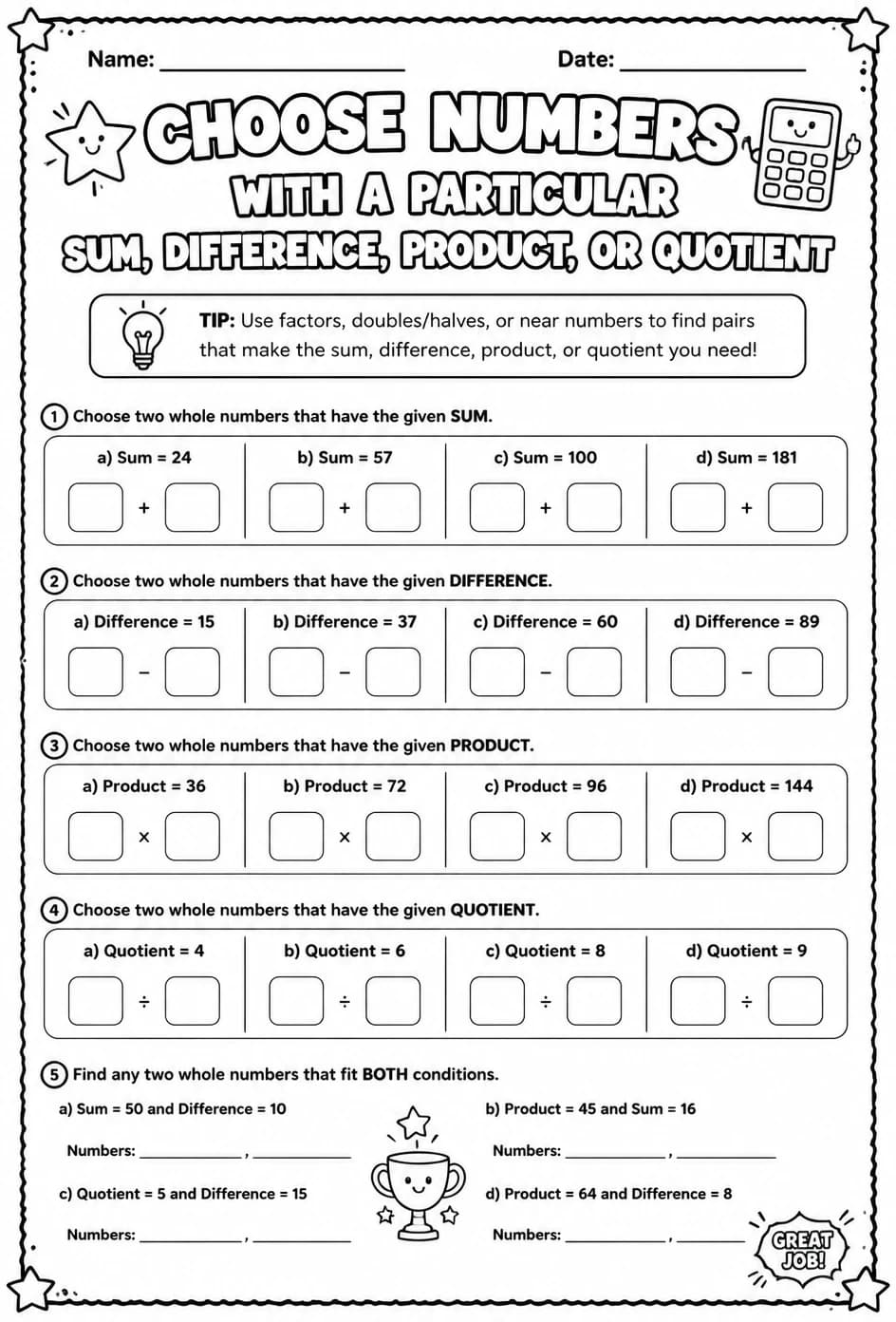 Choose numbers with a particular sum, difference, product, or quotient — free printable Grade 4 math worksheet