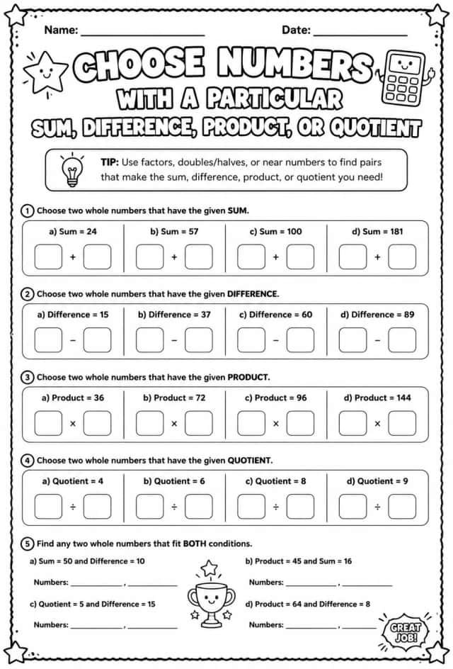 Choose numbers with a particular sum, difference, product, or quotient