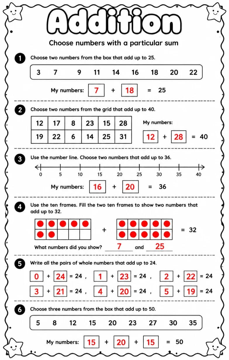 Answer key for Choose numbers with a particular sum — free printable Math worksheet