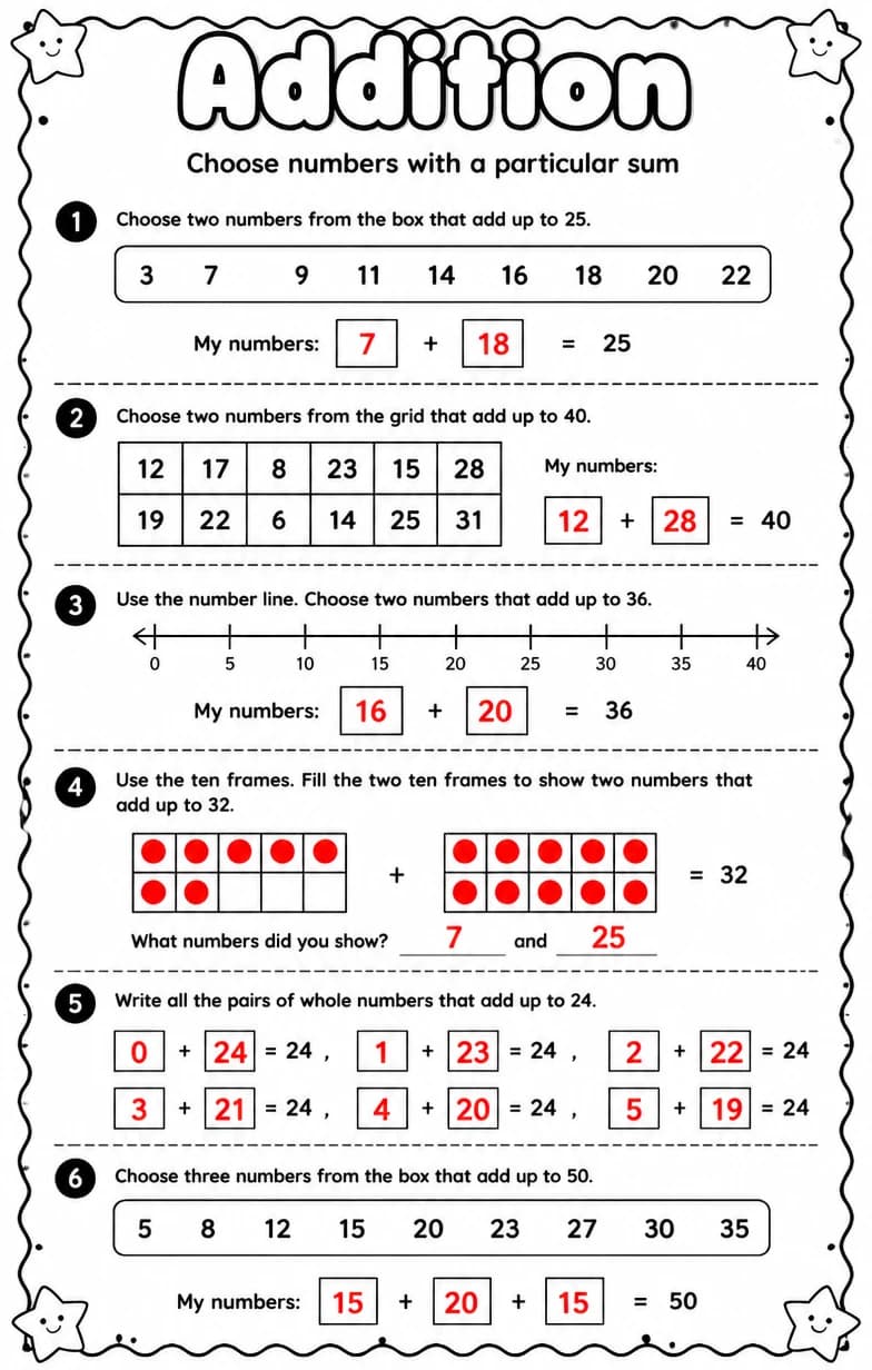 Answer key for Choose numbers with a particular sum — free printable Math worksheet