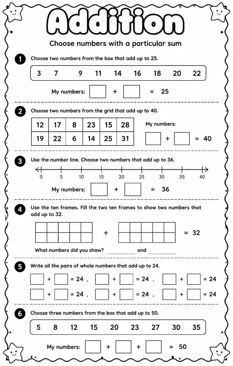 Choose numbers with a particular sum — free printable Grade 4 math worksheet