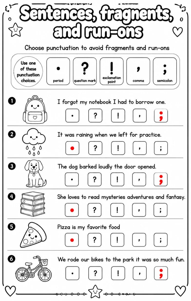 Answer key for Choose punctuation to avoid fragments and run-ons — free printable English & Reading worksheet
