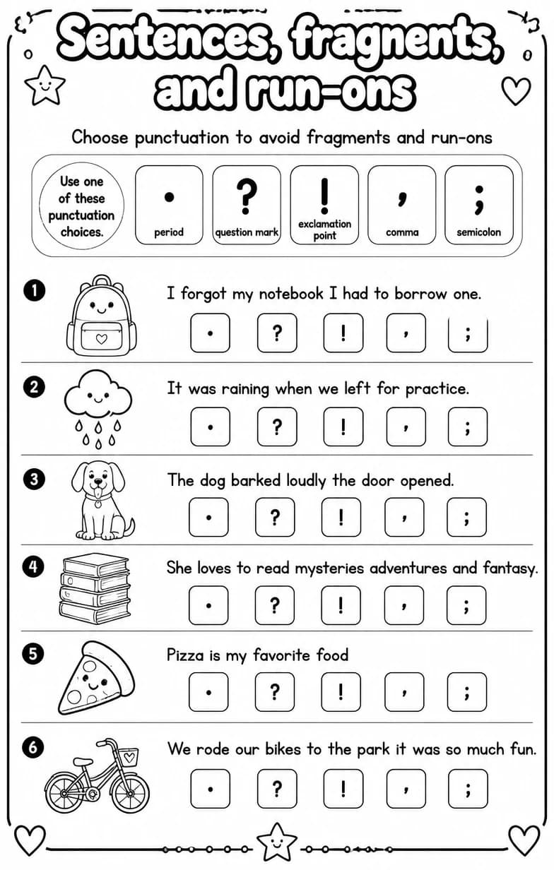 Choose punctuation to avoid fragments and run-ons — free printable High School English & Reading worksheet