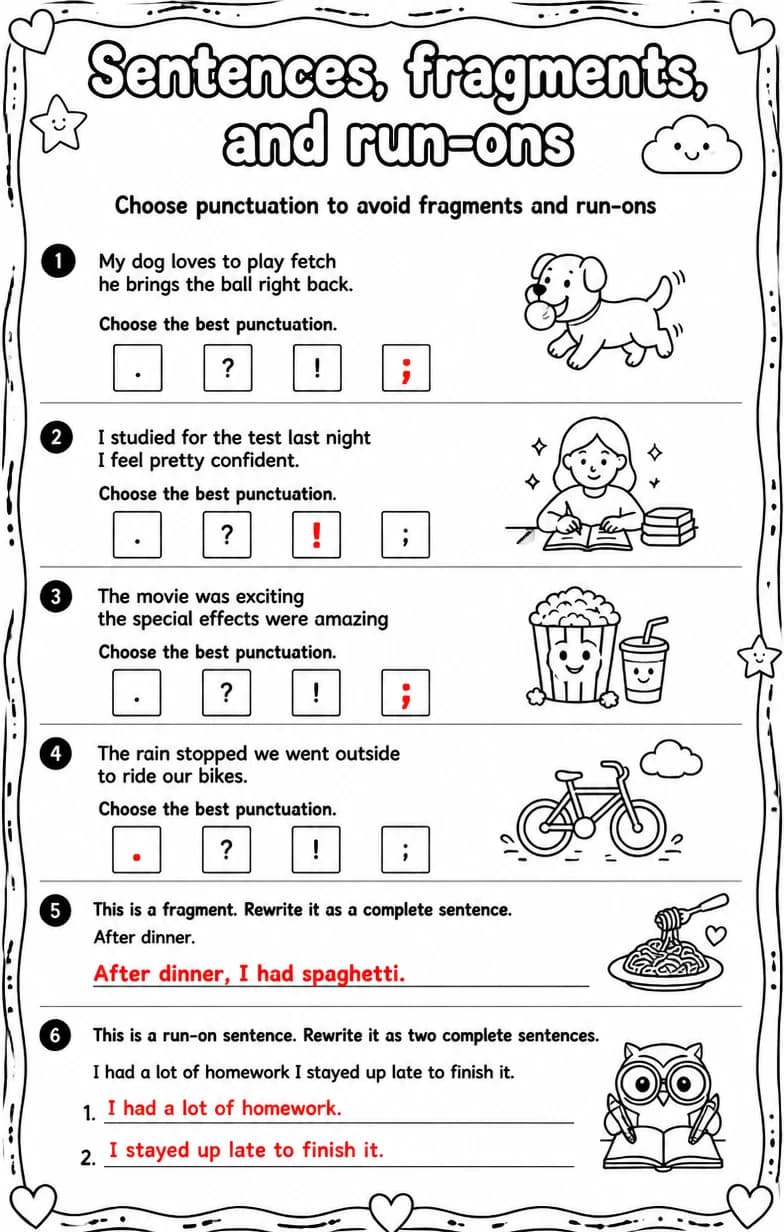 Answer key for Choose punctuation to avoid fragments and run-ons — free printable English & Reading worksheet