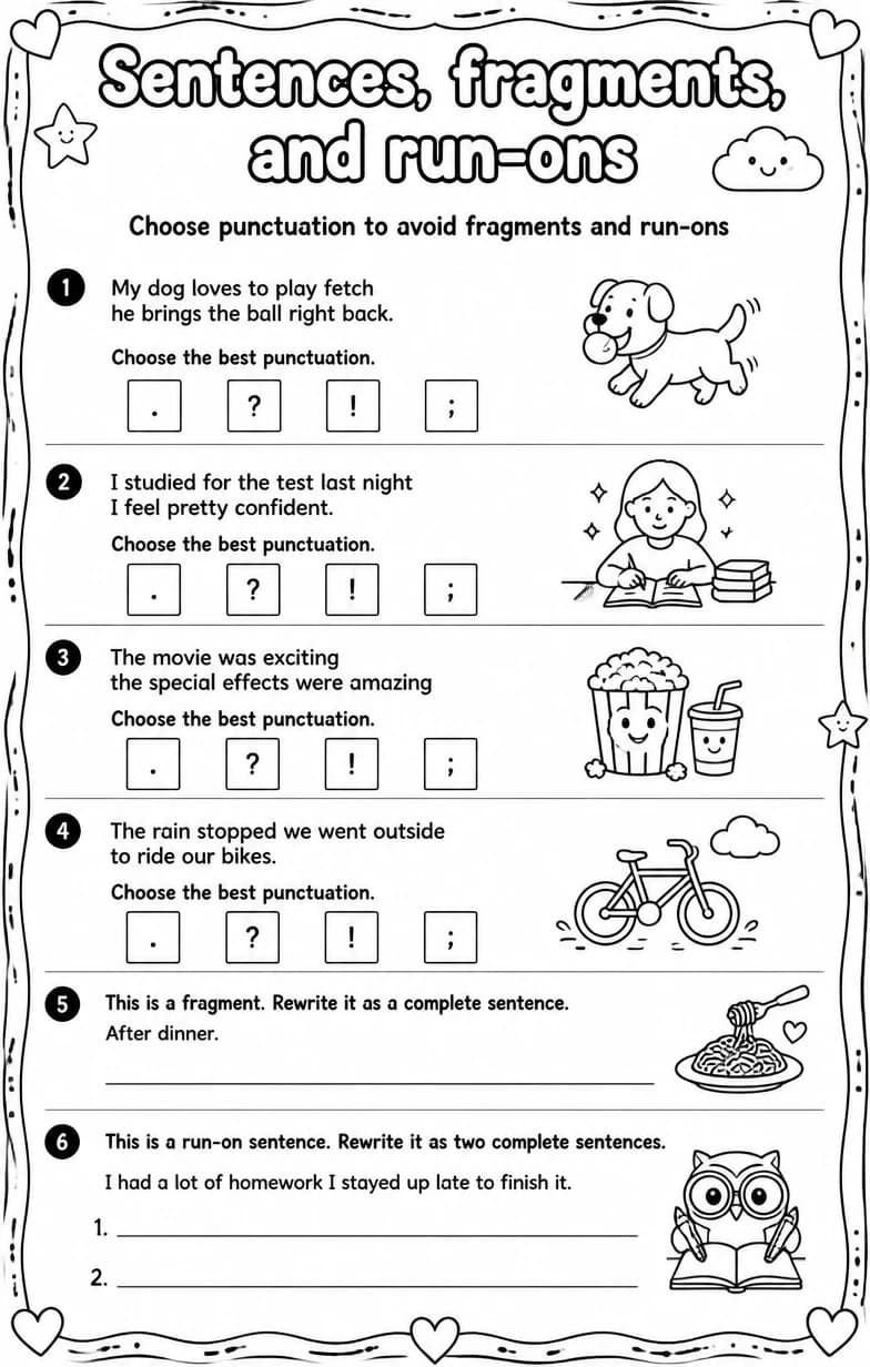 Choose punctuation to avoid fragments and run-ons — free printable Grammar and mechanics English worksheet