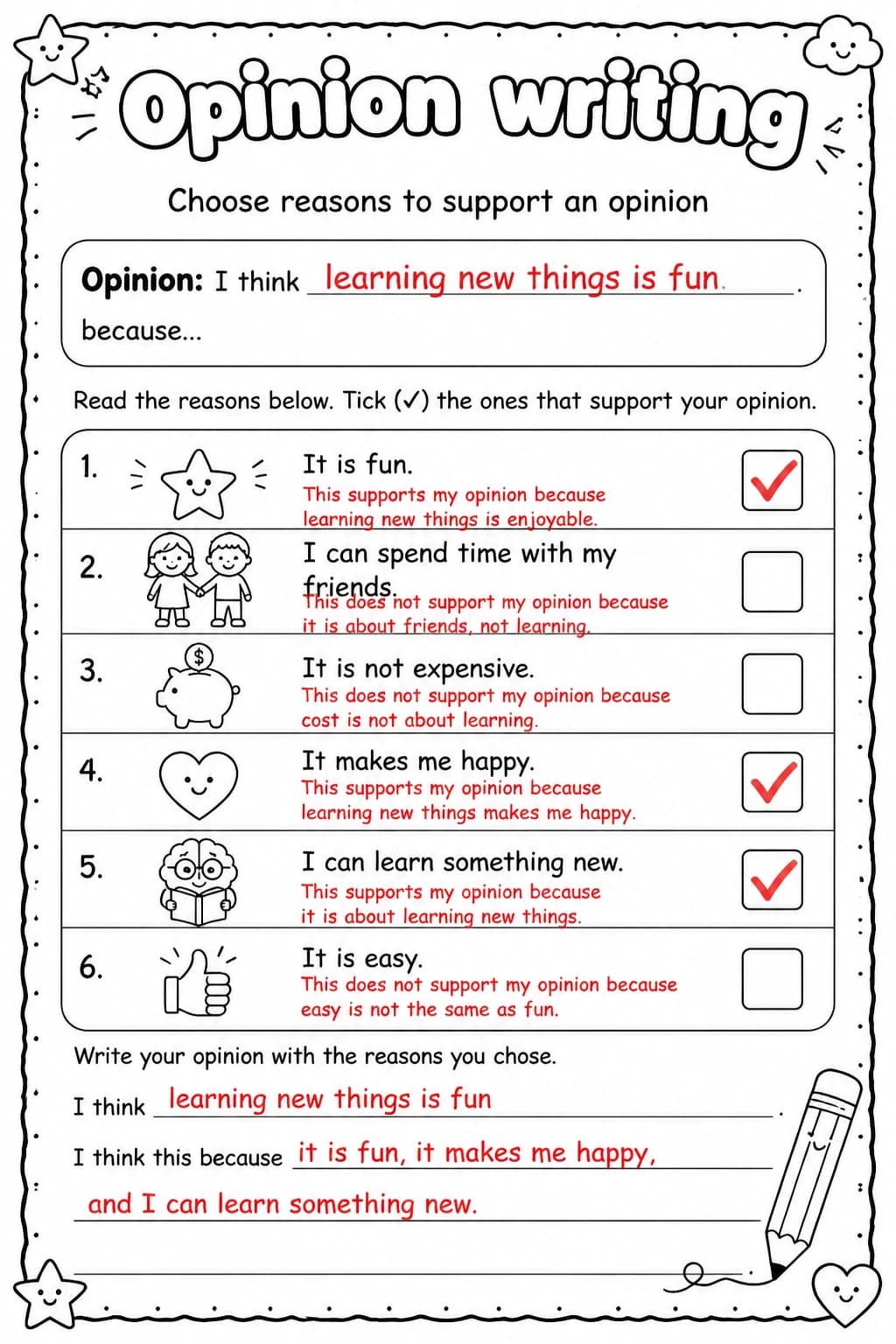 Answer key for Choose reasons to support an opinion — free printable English & Reading worksheet