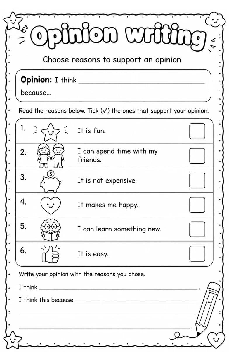 Choose reasons to support an opinion — free printable Writing strategies English worksheet