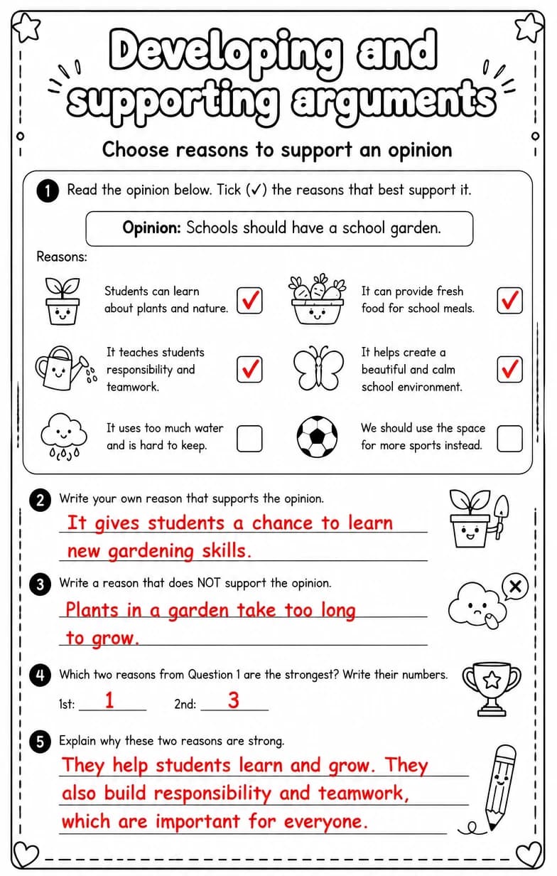 Answer key for Choose reasons to support an opinion — free printable English & Reading worksheet