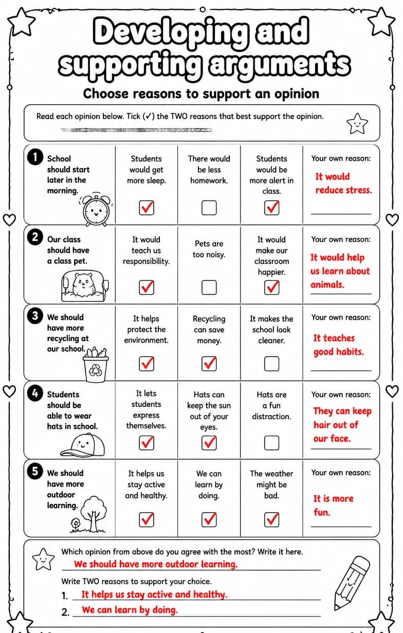 Answer key for Choose reasons to support an opinion — free printable English & Reading worksheet